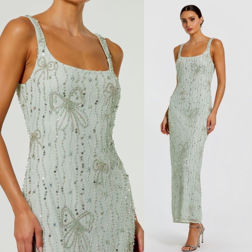 Mac Duggal NEW Seafoam Beaded Mesh Scoop Neck Fitted Gown With Bows $598 Size 12